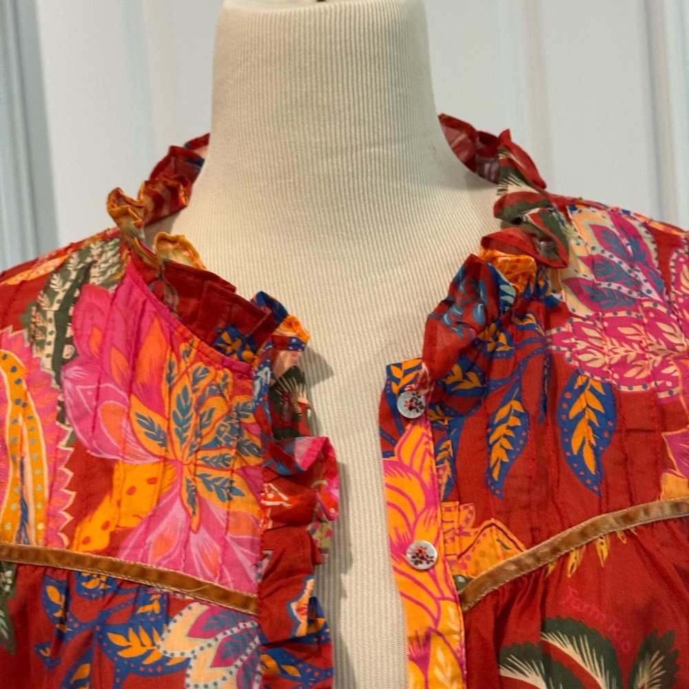 FARM Rio Red Pink Orange Floral Ruffled Button-Front Blouse - Picture 3 of 11